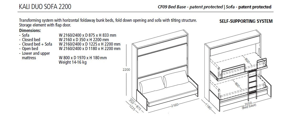 Kali Duo Sofa, Wall bed - Bonbon Compact Living