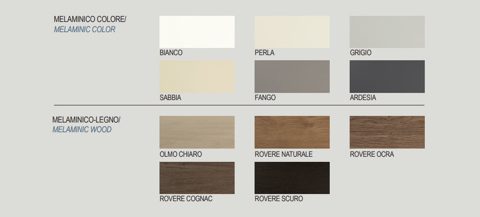 Color swatches for melamine colour and melamine legno on a gray background