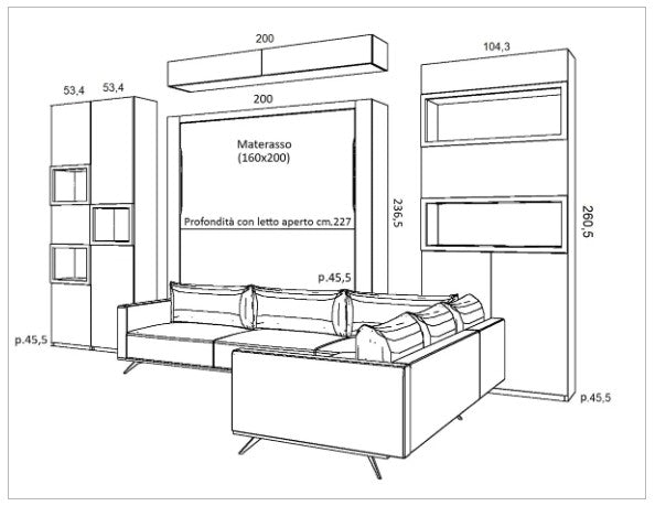 Drawing of the City Comfort Holiday sofa wall with storage units and measurements.