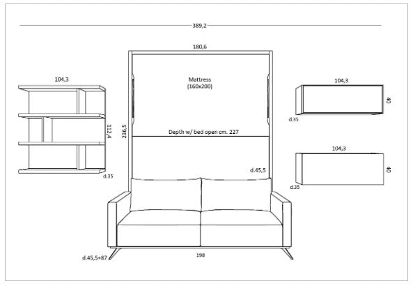 Technical drawing of the City Dream sofa wall bed and shelving system.