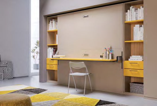Cocoon Board bunk bed. Modern room with a Murphy bed converted into a desk, with shelves and books in the background.