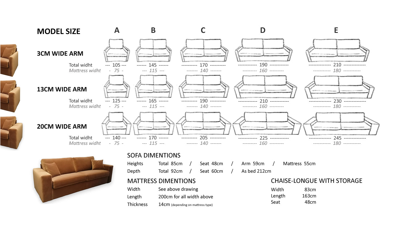 Comfy 14, sofa or sofa bed - sizes
