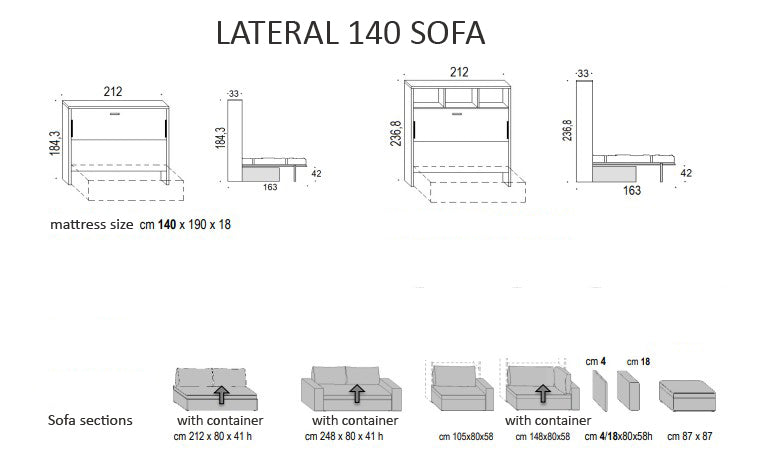 Technical diagram of a Lateral 140 sofa with dimensions and layout.