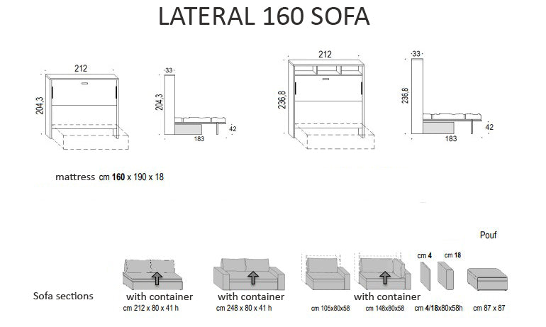Technical drawing of  Lateral 160 sofa with dimensions and components.