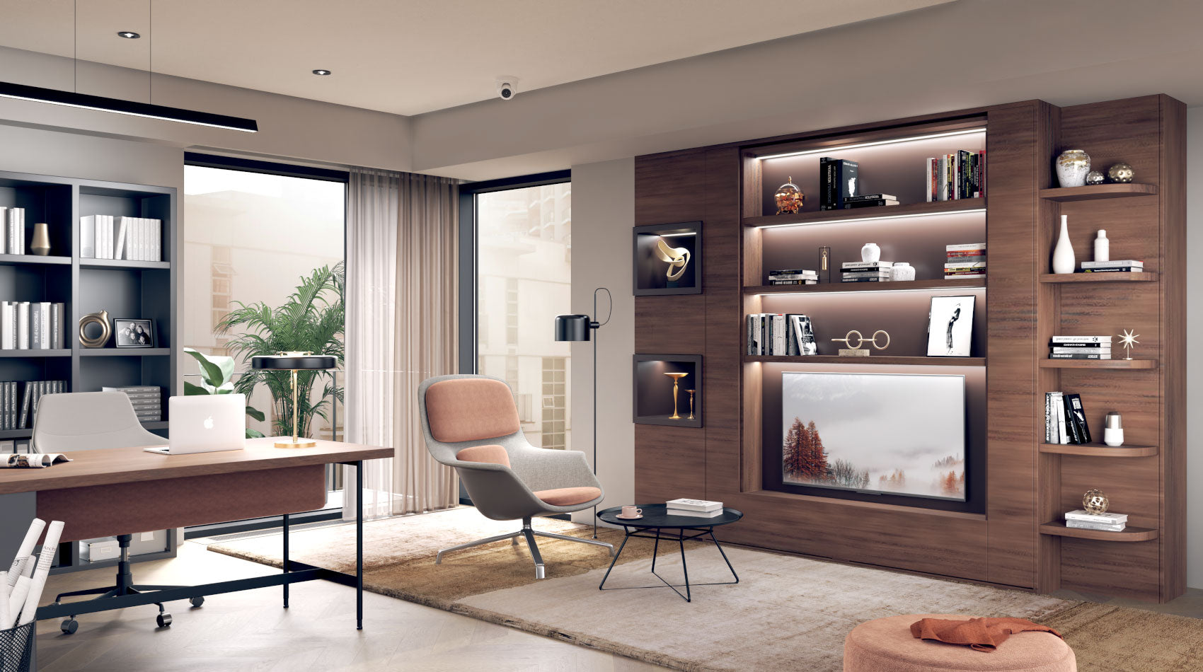 Modern Metropolis swivel TV Murphy bed office with  bookshelf