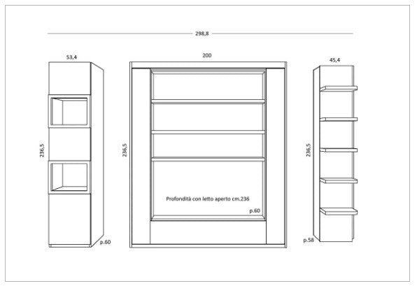 Technical drawing of a our Metropolis Swivel wall bed, storage and shelving units.