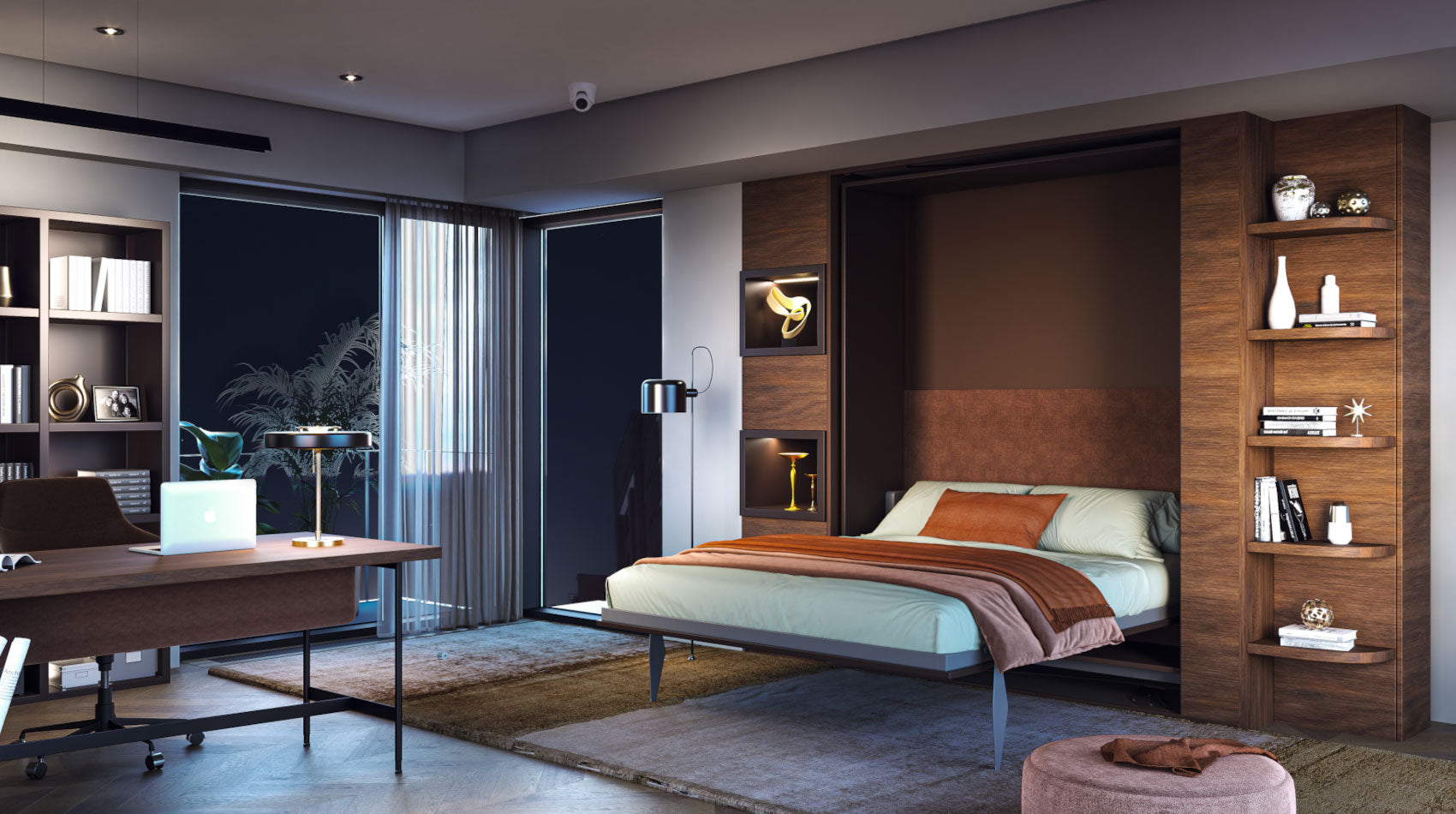 Modern bedroom with Metropolis swivel TV Murphy bed, desk, and shelves.