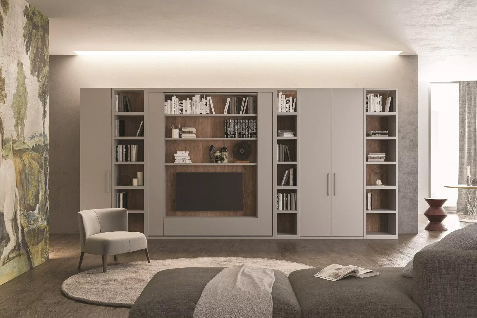 Orbit TV modern bedroom with a large bookshelf unit, sofa, and chair.