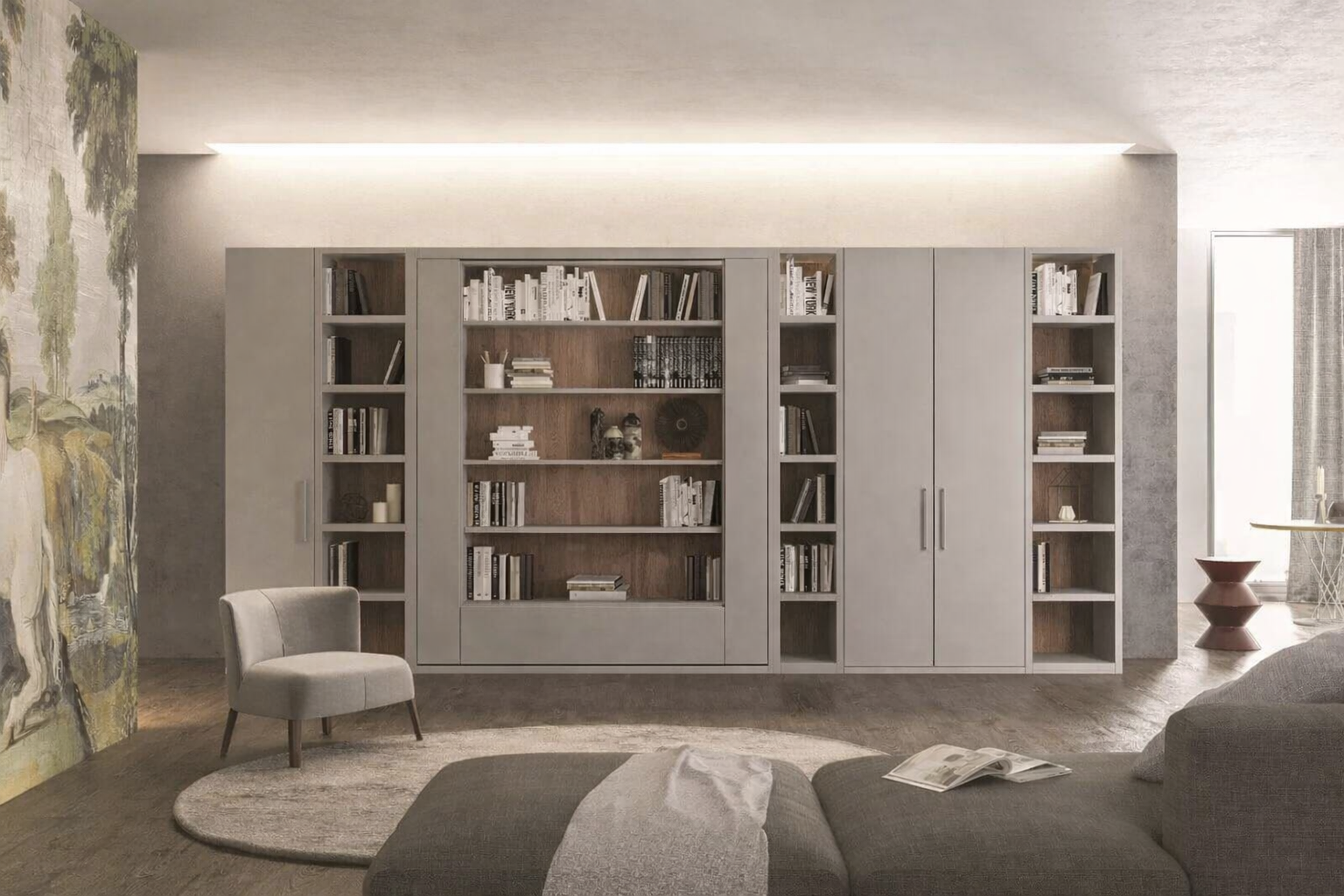 Orbit Book modern bedroom with large bookshelf and gray sofa