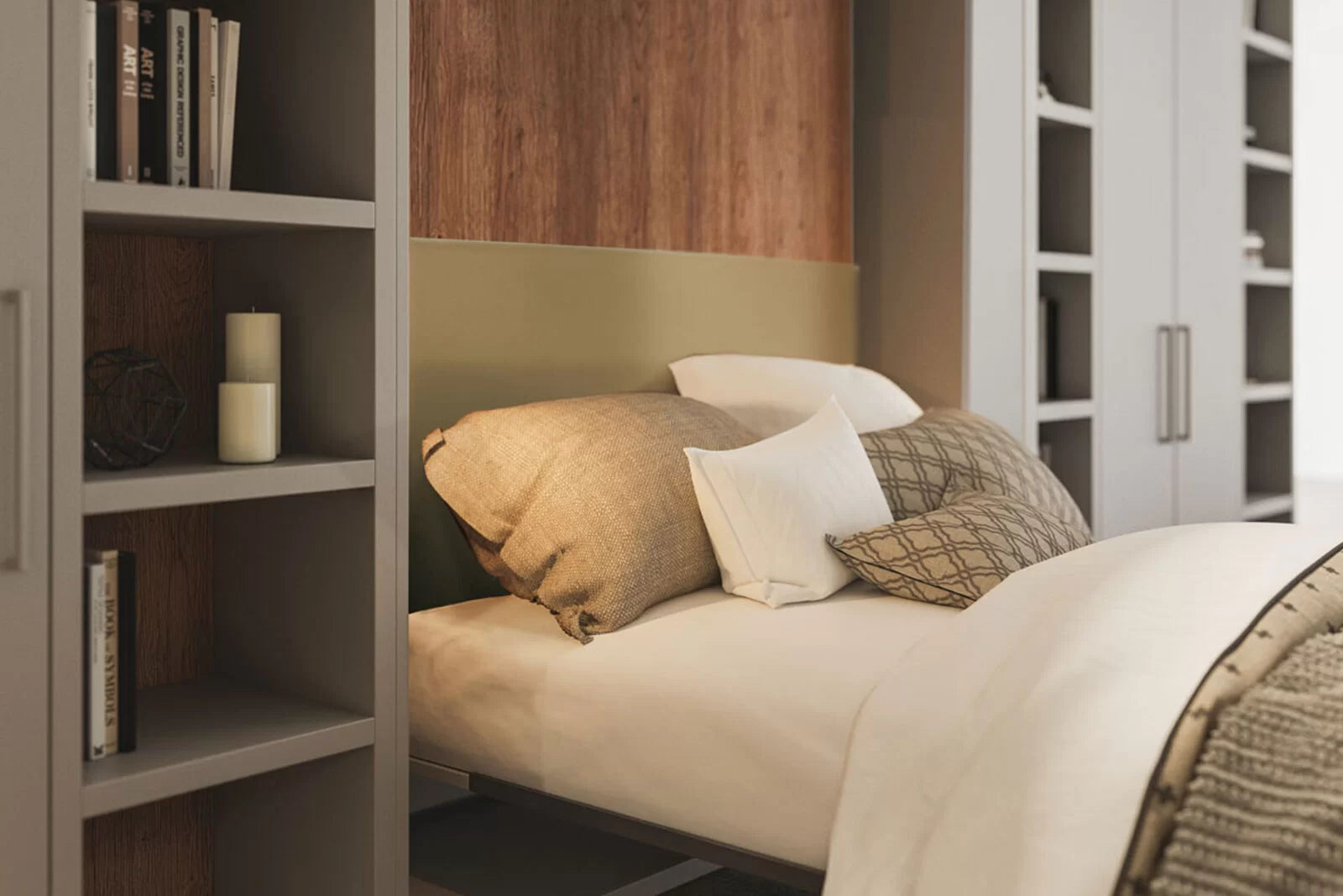 Orbit TV bedroom with a bed, bookshelf, and wooden panel wall.