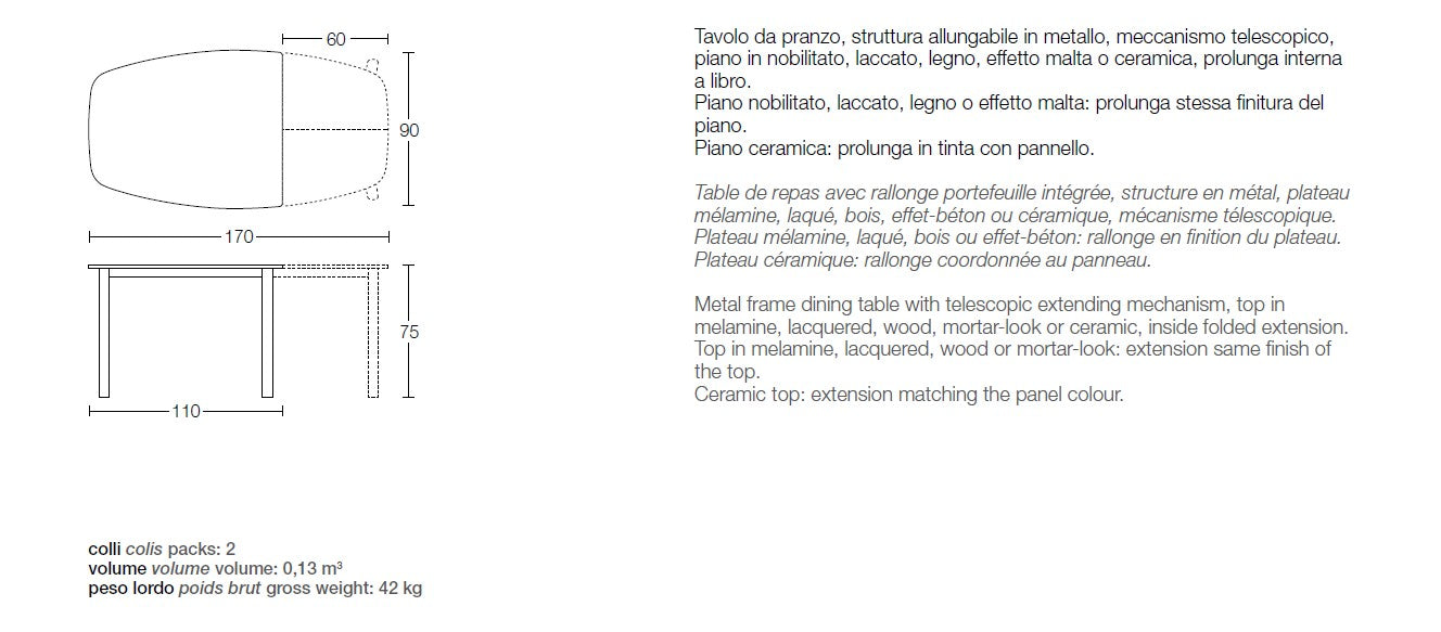 Technical drawing of the Paddington table with dimensions and material details