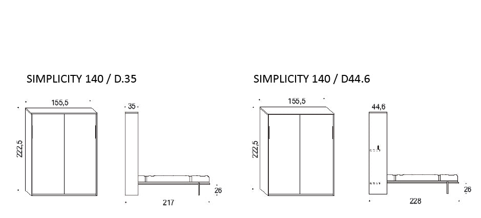 Technical drawings of 'Simplicity 140' furniture models with dimensions on a white background.