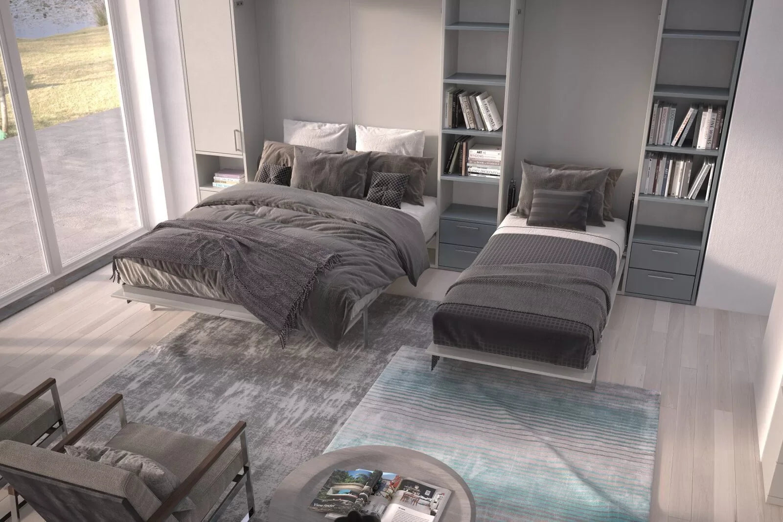 simplicity wall beds creates a modern bedroom with two beds, bookshelves.