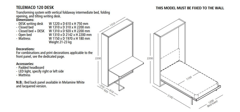 Telemaco 90 / 120 DESK, Wall bed - Bonbon Compact Living