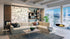 Modern living room with a beige sectional sofa Murphy bed, coffee table, and decorative elements.