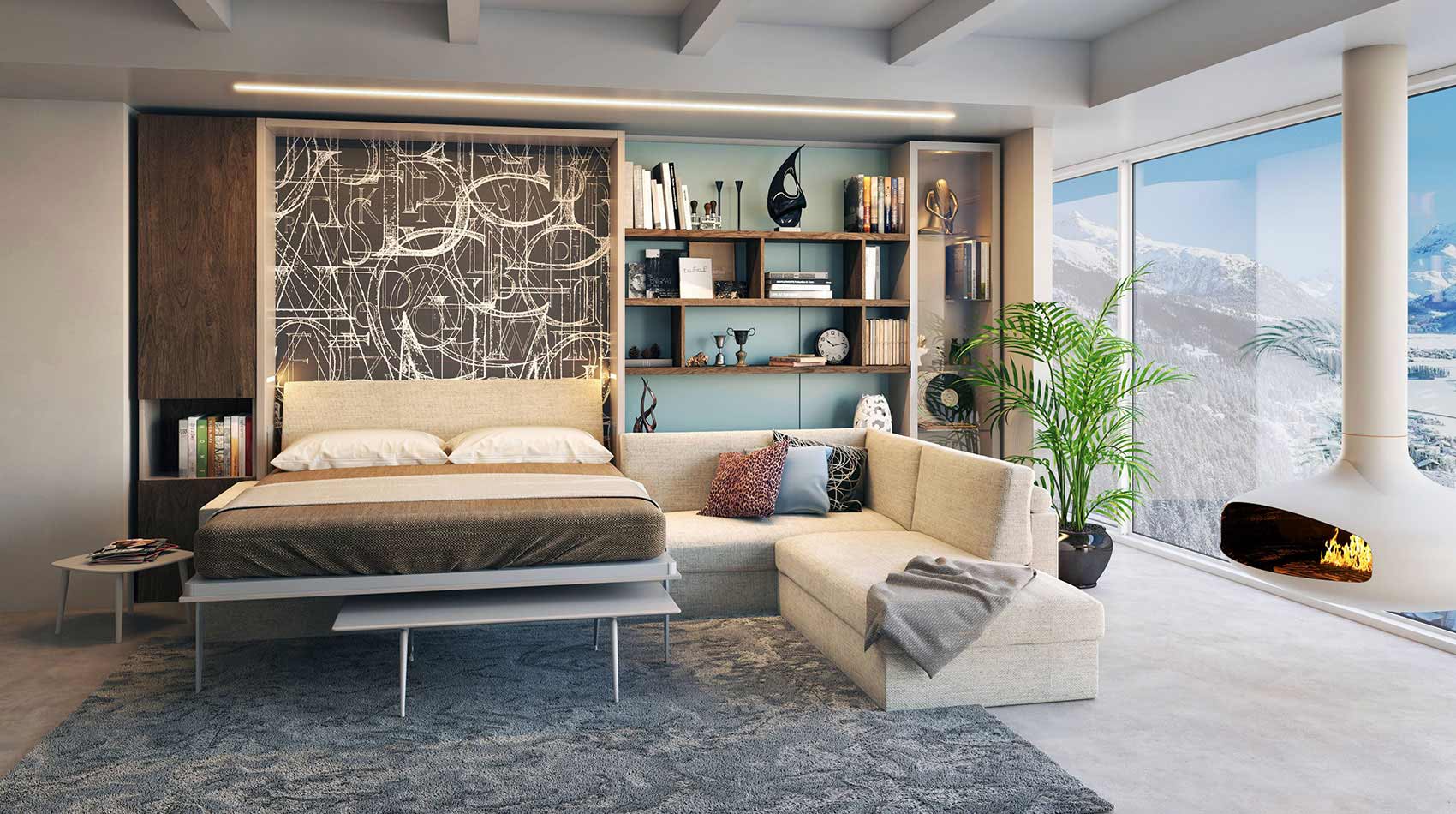 Modern living room with a Murphy bed fronted with corner sofa, and bookshelf.