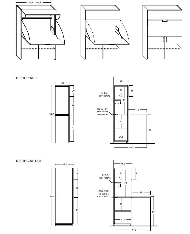 Technical drawings of the Smart Office cabinet with dimensions on a white background