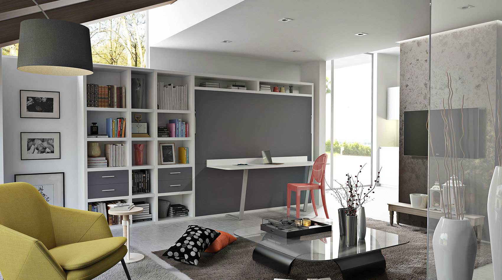 Modern living room with bookshelves, the Space desk horizontal wall bed and a coffee table.