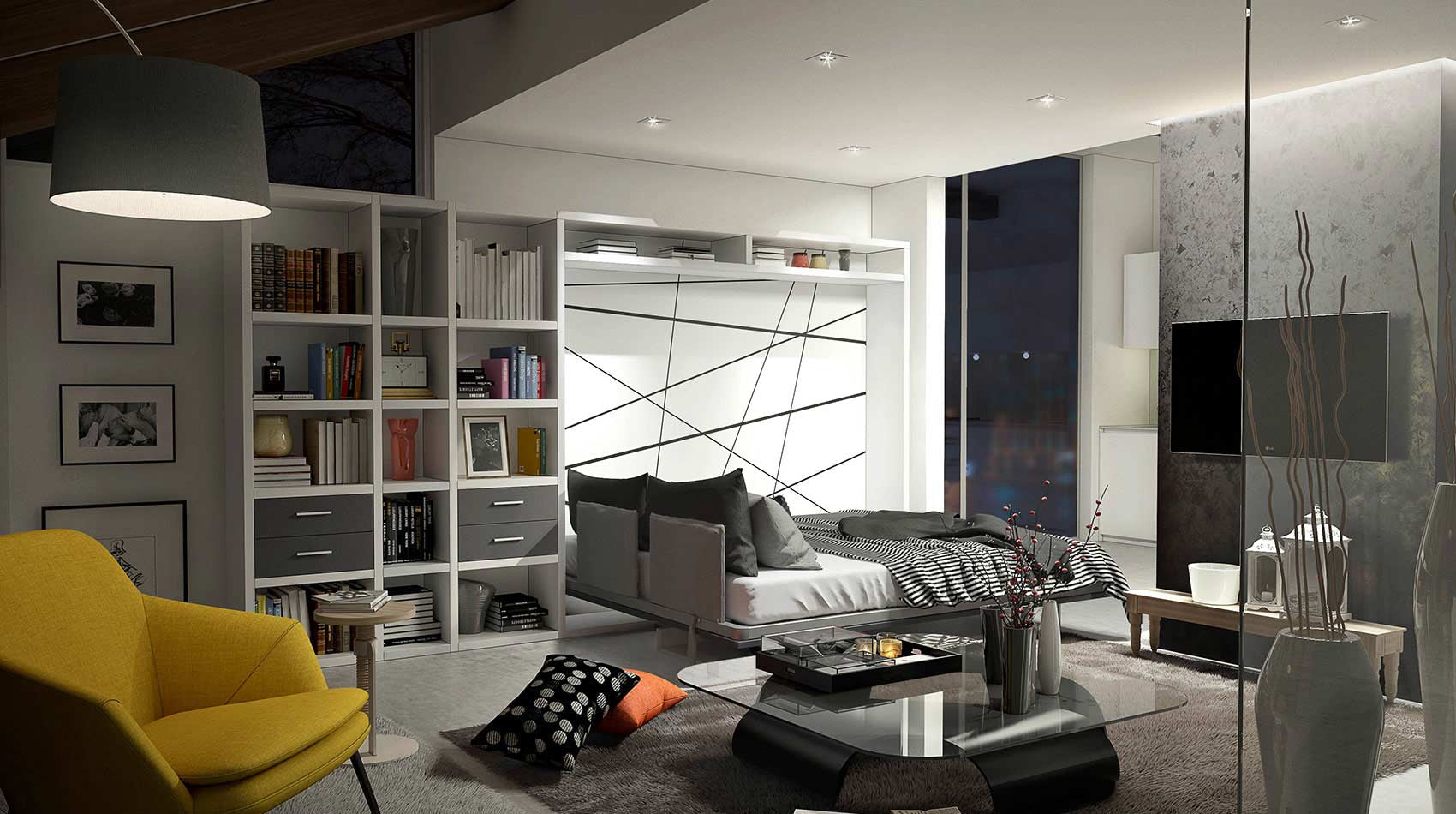 Modern living room with yellow armchair, Space desk horizontal wall bed and bookshelf.
