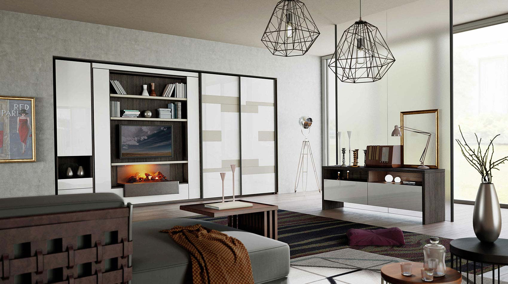Modern living room with Metropolis TV center swivel bed, storage units and decorative elements.
