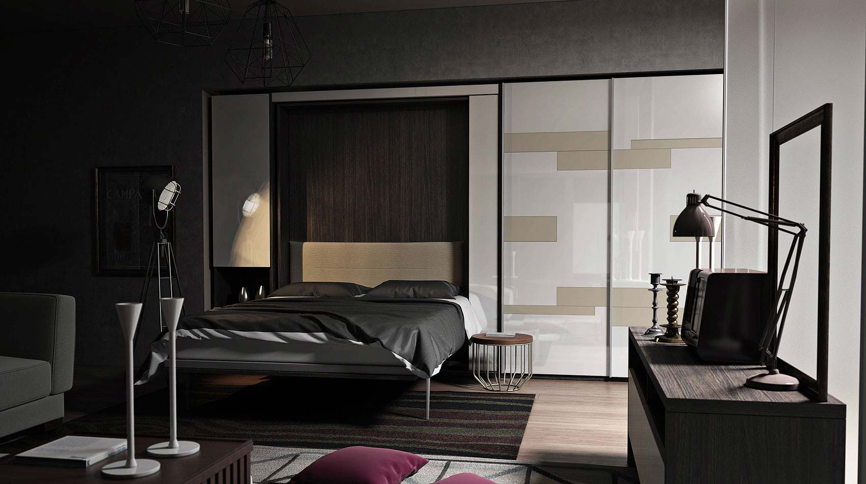 Modern bedroom with Metropolis swivel bed  and a wardrobe with sliding door featuring geometric patterns.
