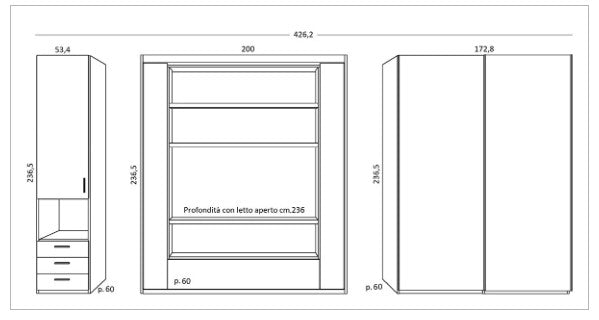 Technical drawing of Metropolis swivel bed and wardrobes with dimensions labeled