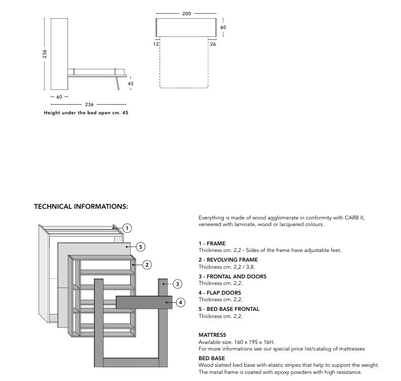 Technical diagram and specifications of Metropolis bed frame system on a white background