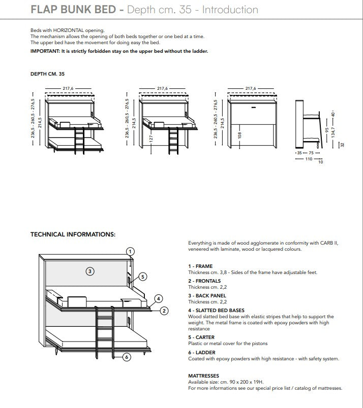 Technical specifications and diagrams of a Flap bunk bed with dimensions and materials listed.