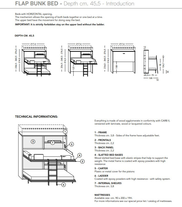 Technical specifications and dimensions of a Flap bunk bed on a white background
