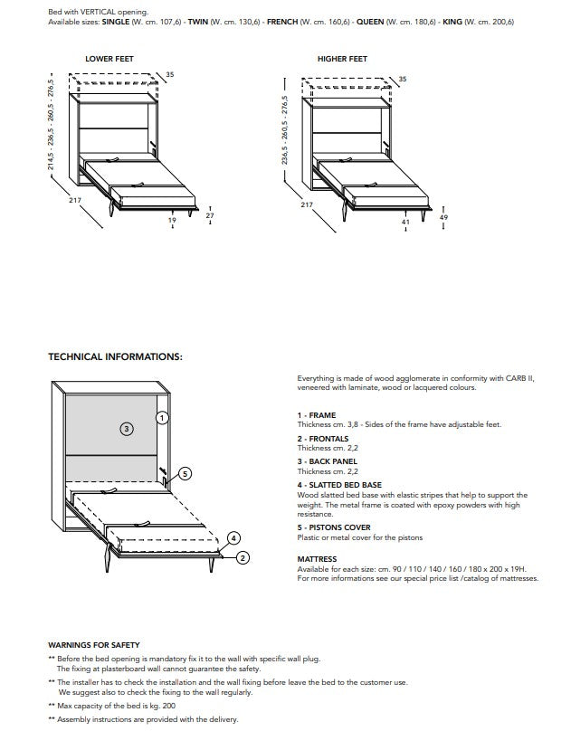 Technical diagram and specifications of the City Dining wall bed with adjustable feet on a white background