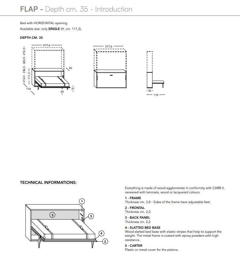 Technical drawing of Kali Ponte horizontal wall bed