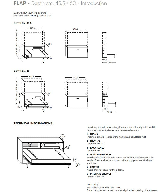 Technical drawing of Kali Ponte horizontal wall bed