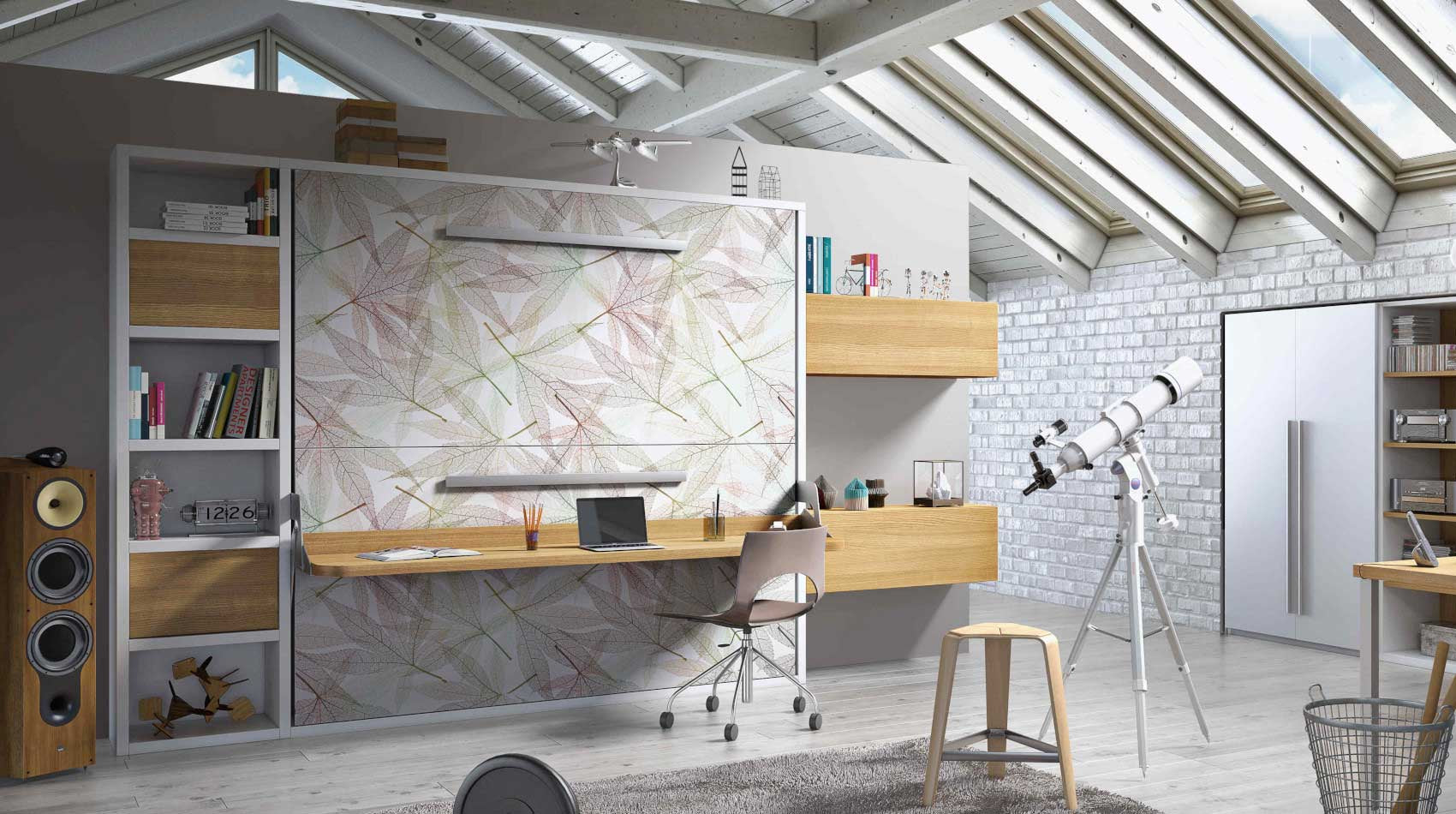 Modern Flap Board bunk bed, with bookshelf and storage unit.