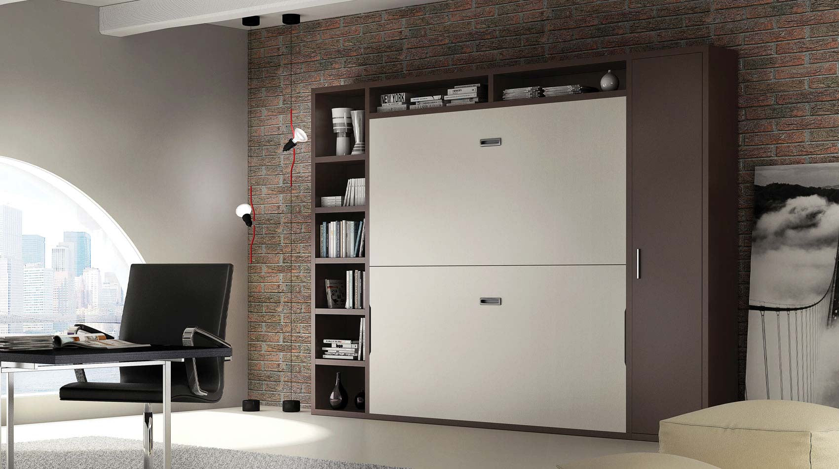 Flap bunk bed, bookshelf and storage unit.