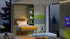 Modern bedroom with a sofa wall bed, shelves and the Smart Office.