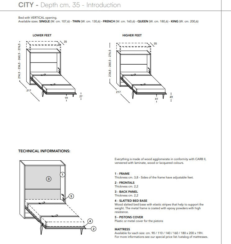 Technical diagram of City Standard wall bed with dimensions and features listed.