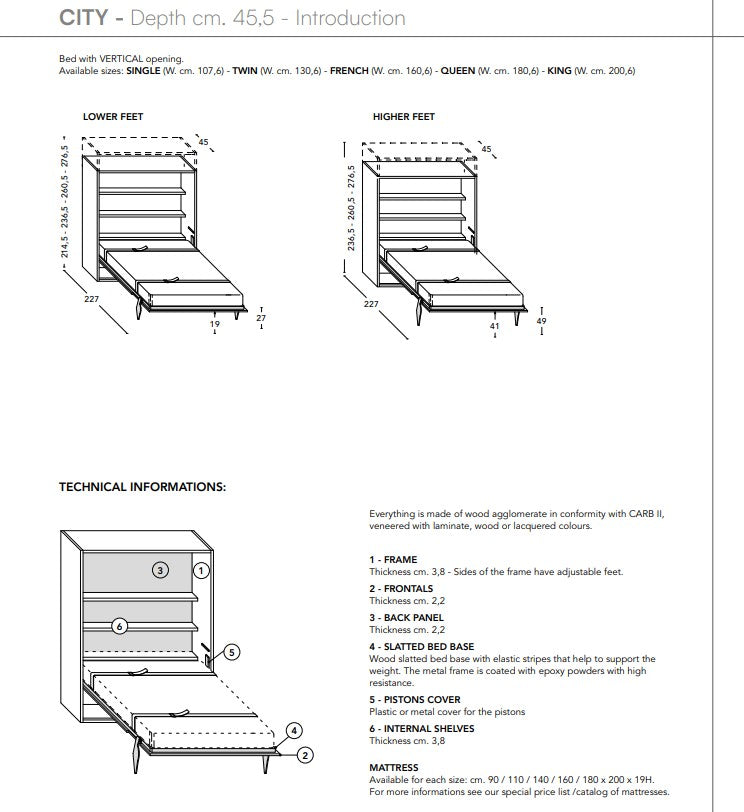 Technical diagram of City Standard wall bed with adjustable feet and slatted bed base, including dimensions and material information.