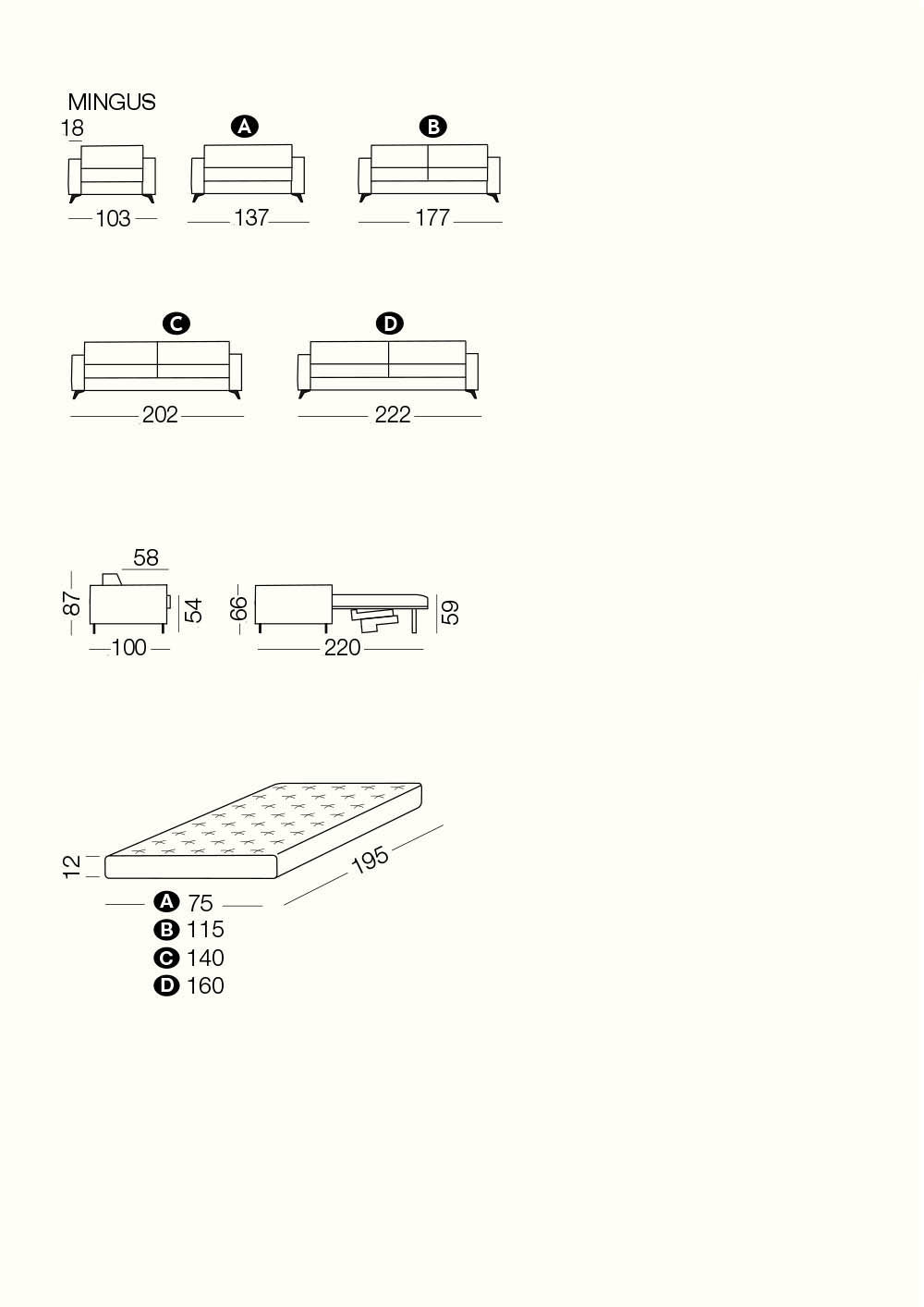 Mingus sofa or sofa bed measurements