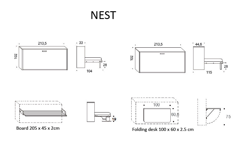 Technical drawing of a folding desk labeled 'NEST' with dimensions.