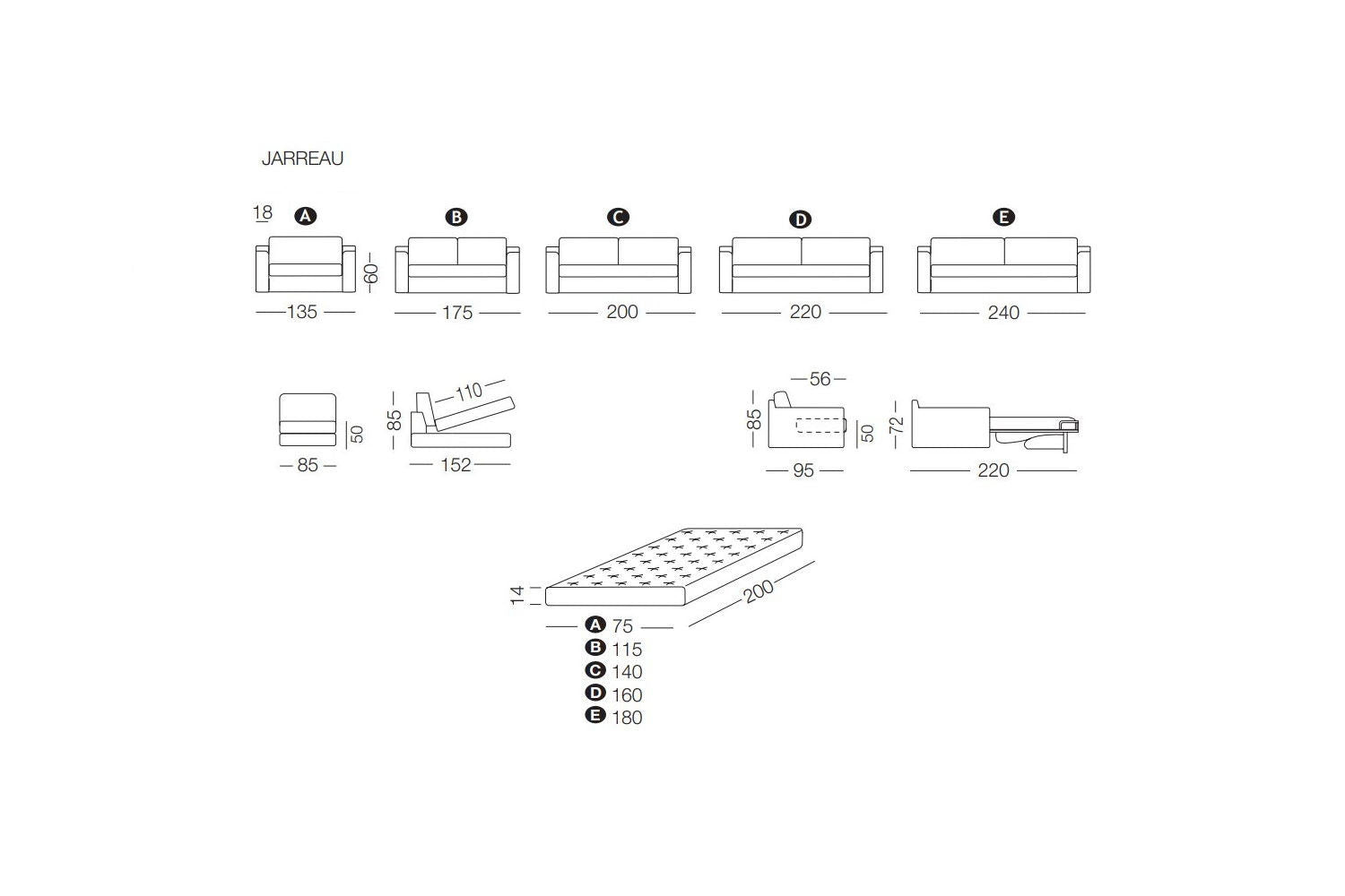 Jarreau sofa or sofa bed measurements