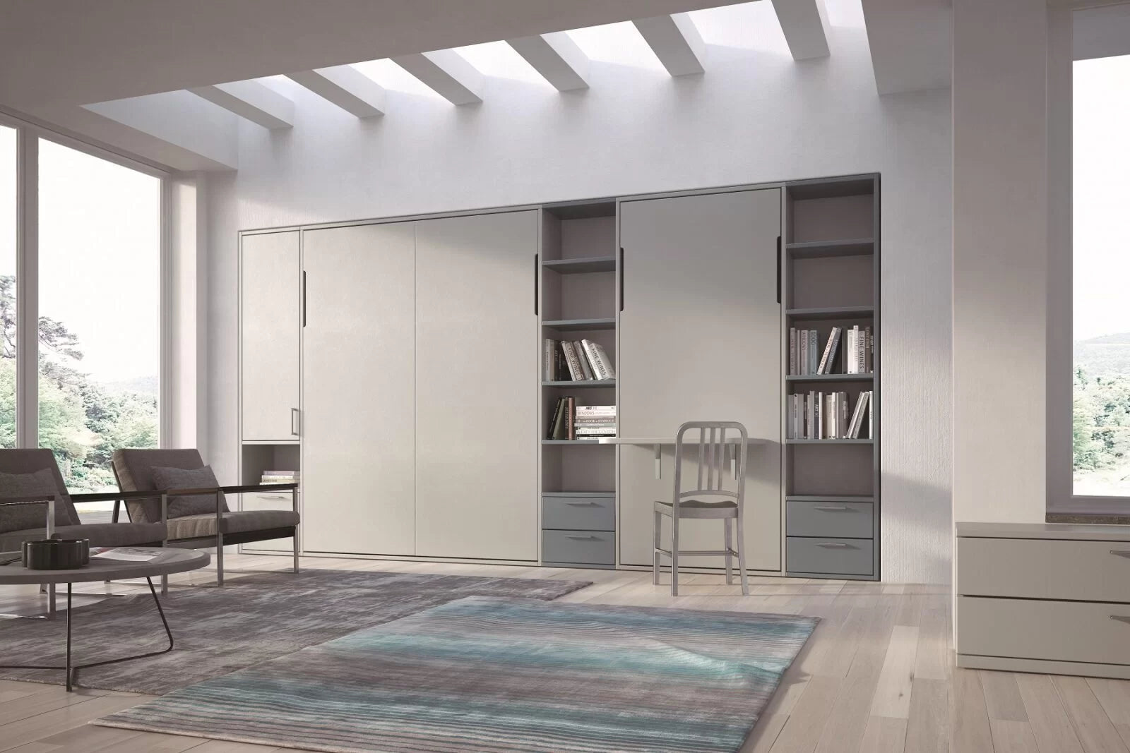 Modern wall bed interior with a large wardrobe and desk area in a well-lit room.