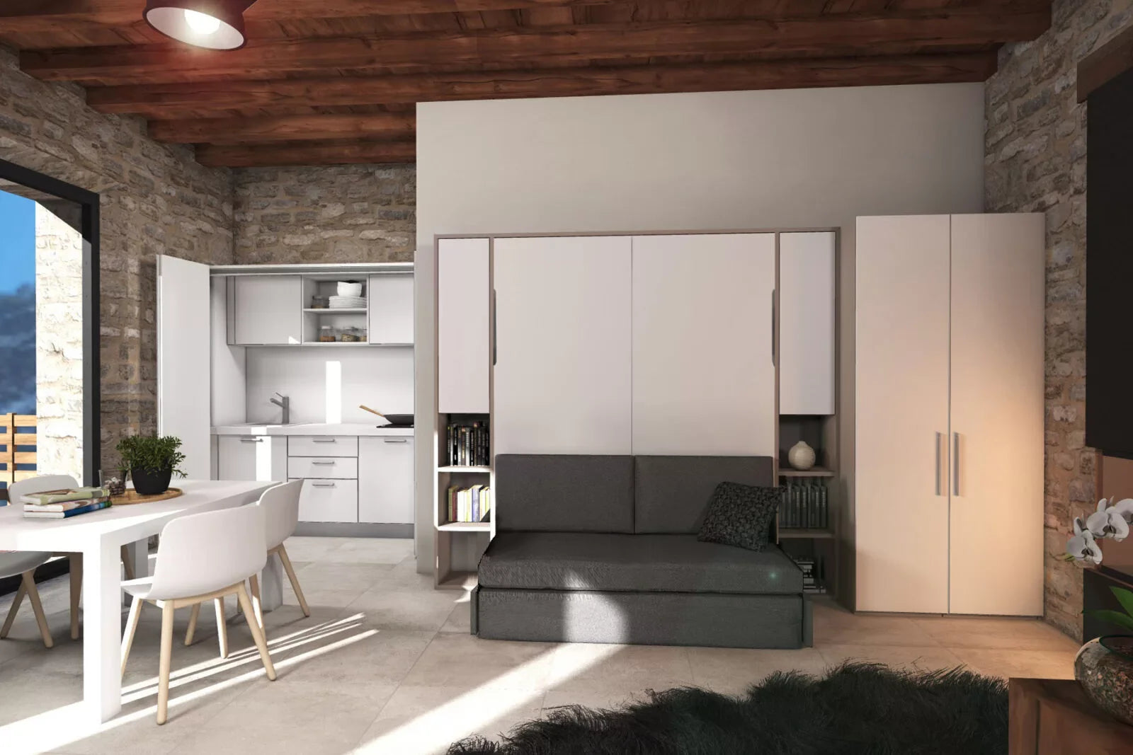 Modern living room with our simplicity sofa wall bed, wardrobe, and kitchen area.