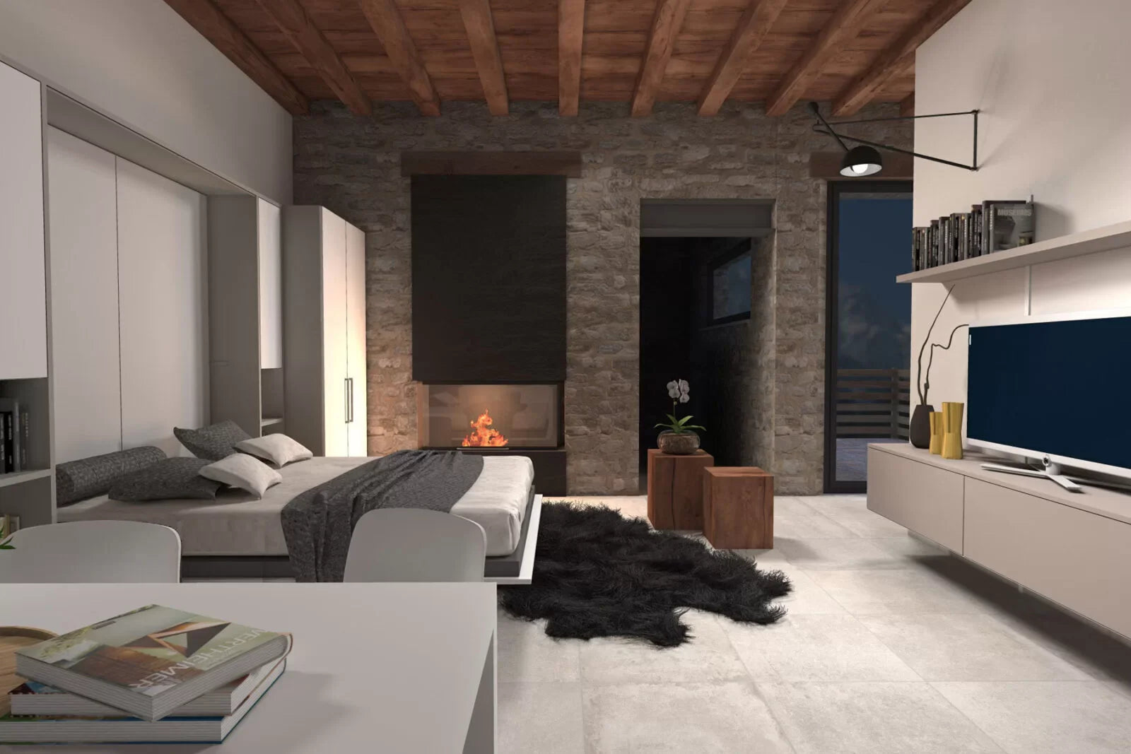 Simplicity Murphy bed setup in a Modern living room with a fireplace, TV, and matching decorative items.