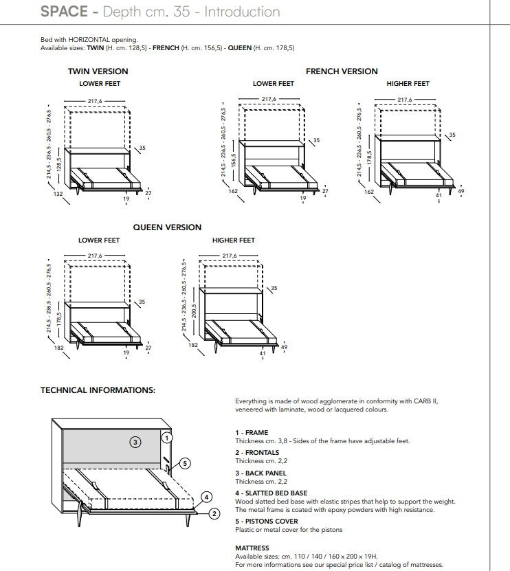 Technical diagram of Space horizontal wall bed with different configurations and measurements.