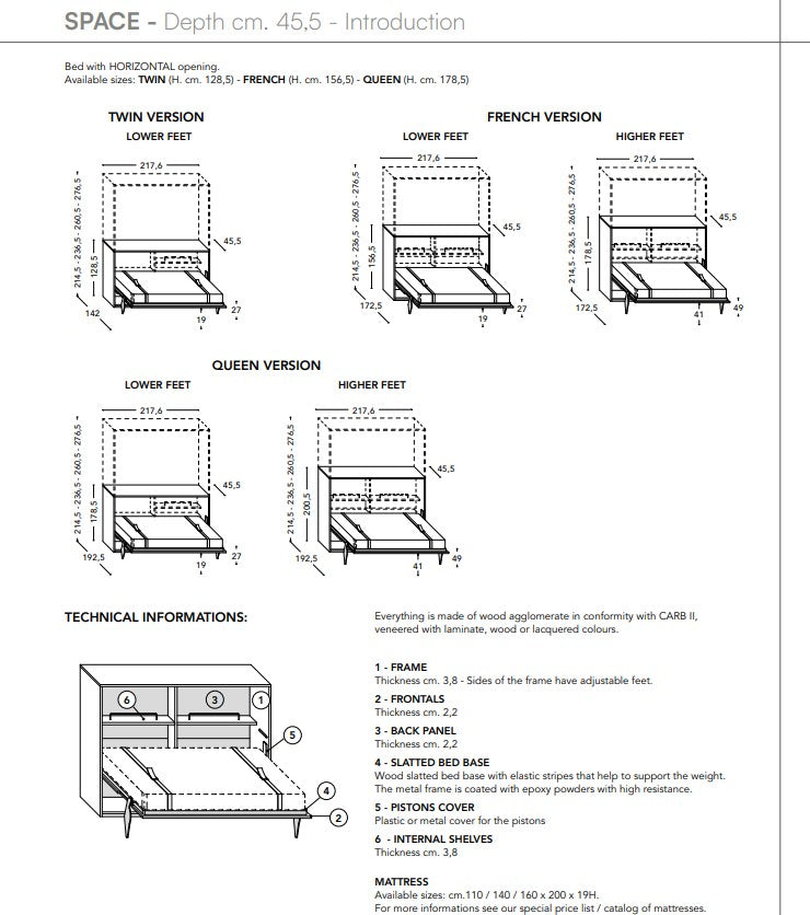 Technical diagram of Space horizontal wall bed with dimensions for Twin, French, and Queen sizes.