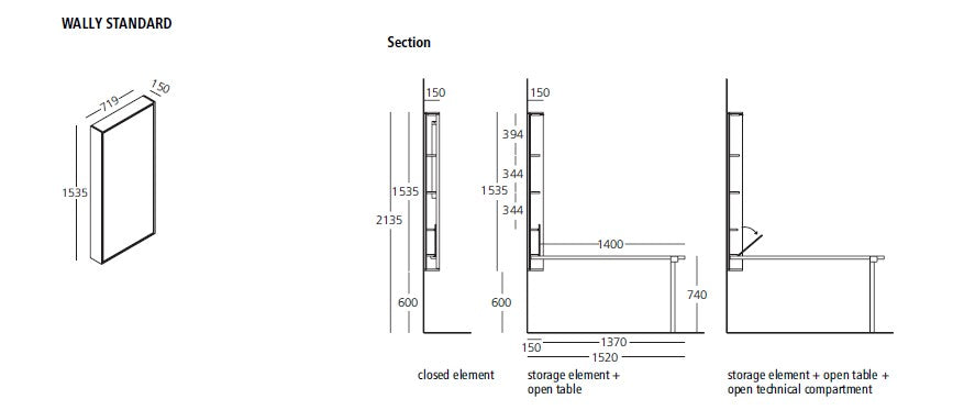 Wally standard fold down  table messurments