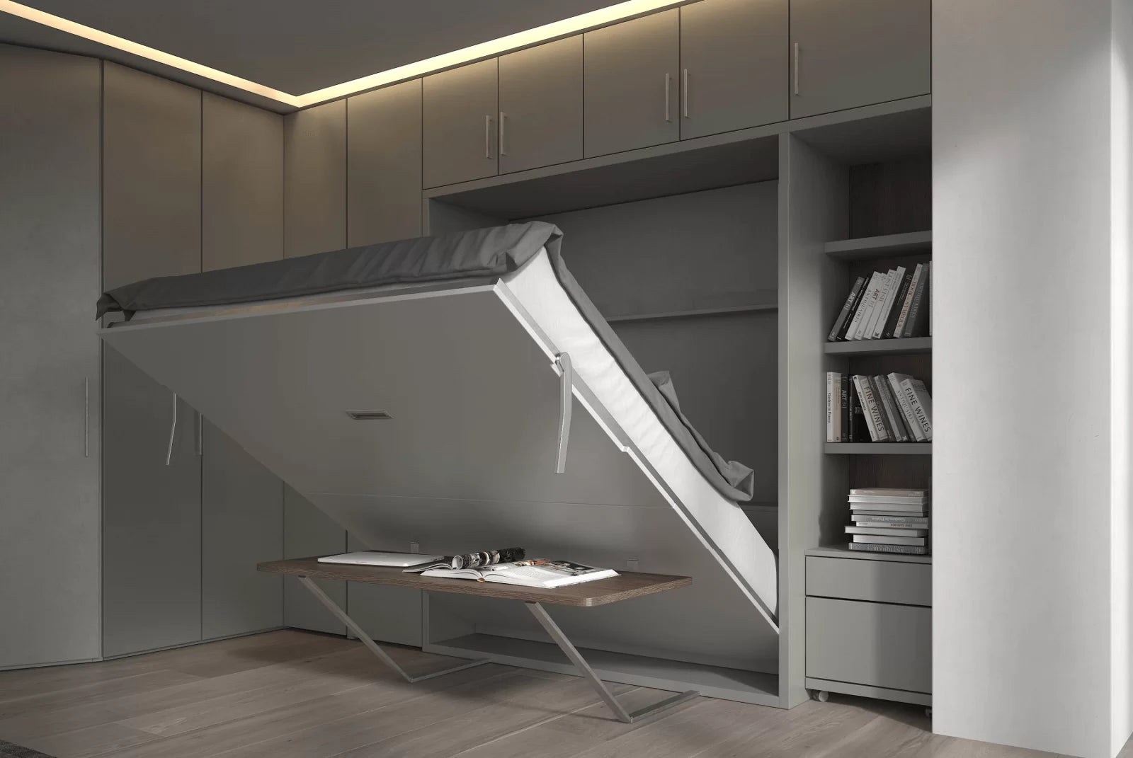Foldable bed with office desk in a modern room with shelves and cabinets.