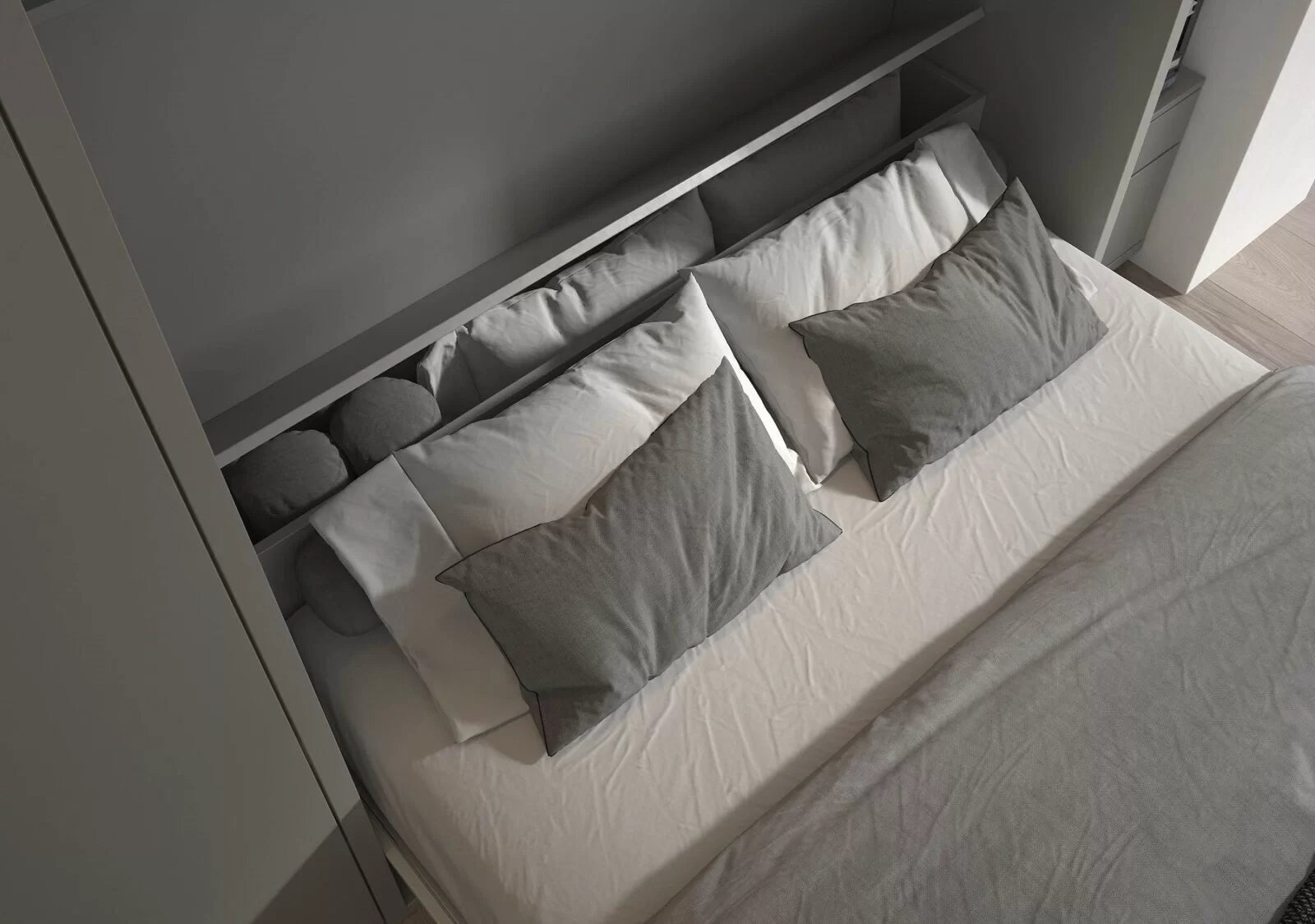 Wall Bed with gray pillows and a headboard with storage compartments.