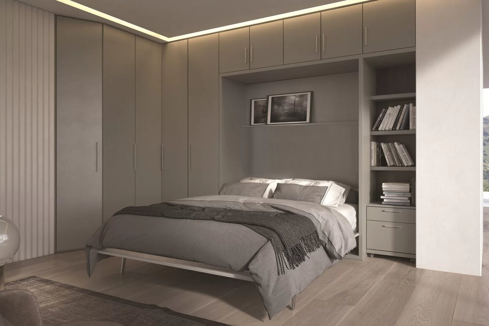 Modern wall bed, bookshelf, and built-in cabinets.