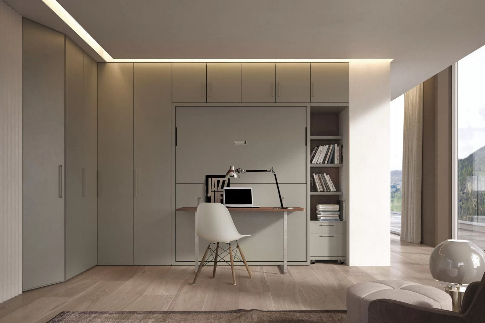 Modern wall bed, home office space with a fold away desk